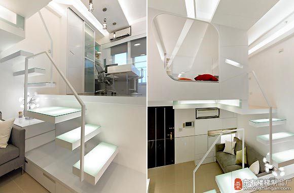 悬浮式楼梯在玻璃和灯光