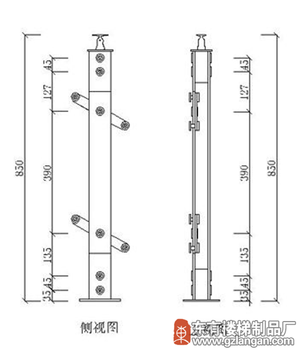 不锈钢夹木玻璃楼梯立柱(DY-8211)CAD图